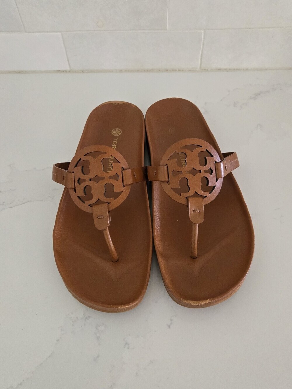 Tory Burch Miller Could Sandals Brown Leather Flat Bourbon Miele Size 10 Womens - Picture 2 of 8